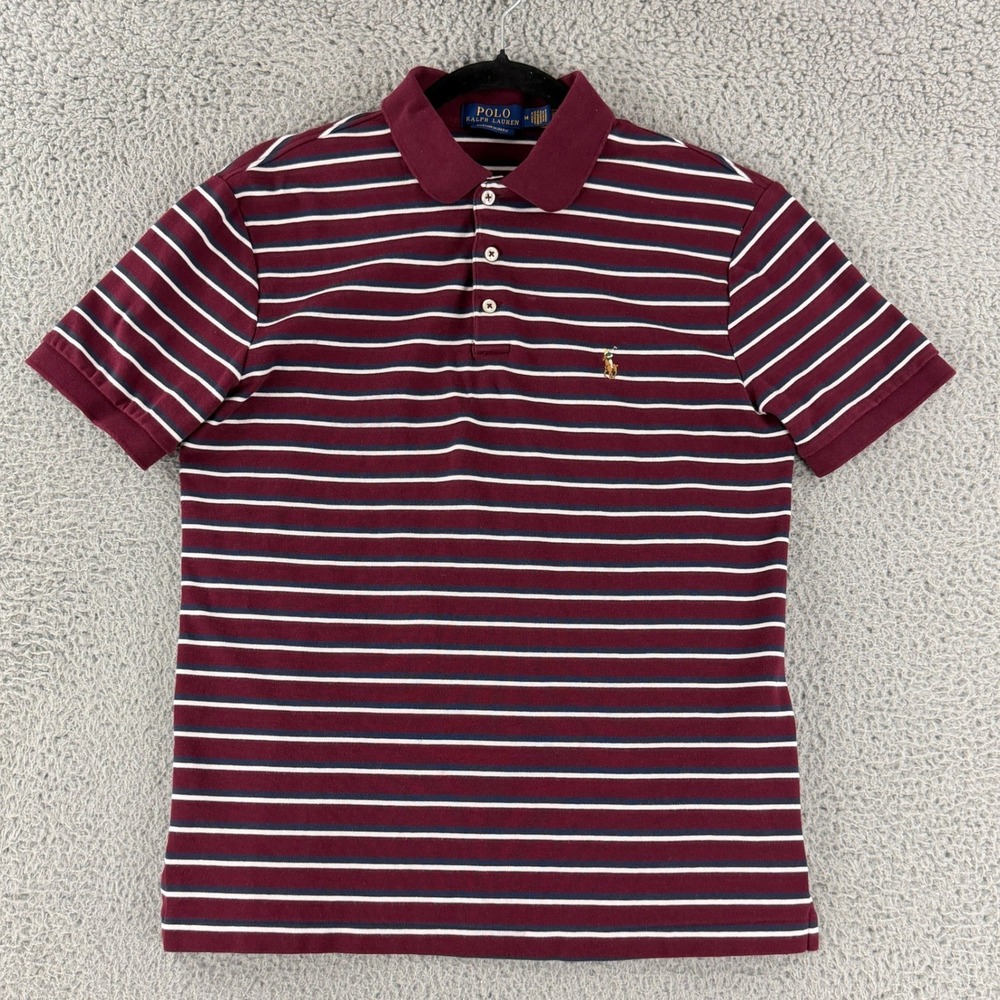 Polo Ralph Lauren Polo Shirt Mens M Burgundy Striped Cotton Custom Slim Fit